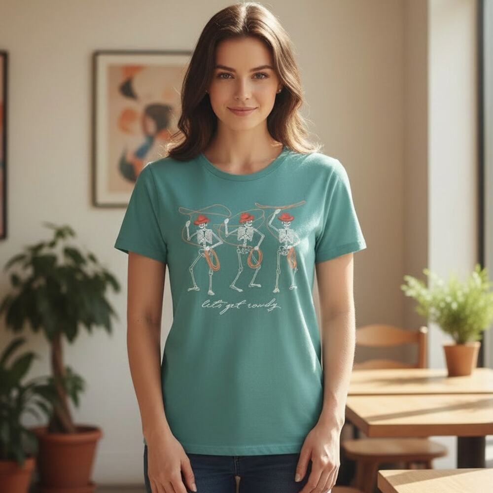 Zoe + Liv Womens Large Skeleton Cowboys Rodeo T Shirt Sea Blue Let's Get Rowdy